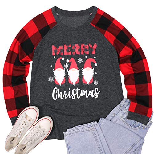 Merry Christmas Santa Graphic Cute Shirt Womens Plaid Splicing Long Sleeve Raglan Tees Baseball Tops Black Red