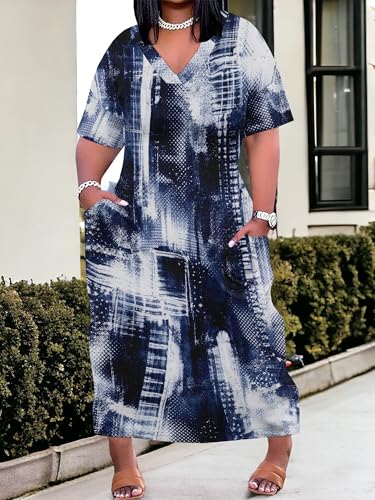 Image of SUZONANA Plus Size Denim Print Maxi Dresses for Women Casual V Neck Short Sleeve with Pockets Soft Jean Look Dress XL-6XL
