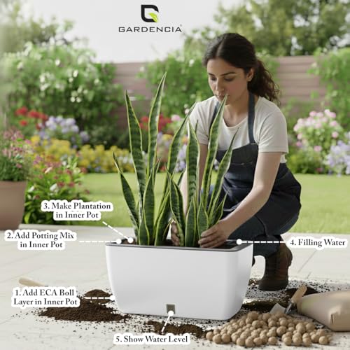 Image of GARDENCIA Self Watering Flower Pots for Outdoor Indoor Gardening /Rectangle Big Plant Pot with Polypropylene UV Material /Decorative Modern Gamla (Recta Big White, Pack of 3)
