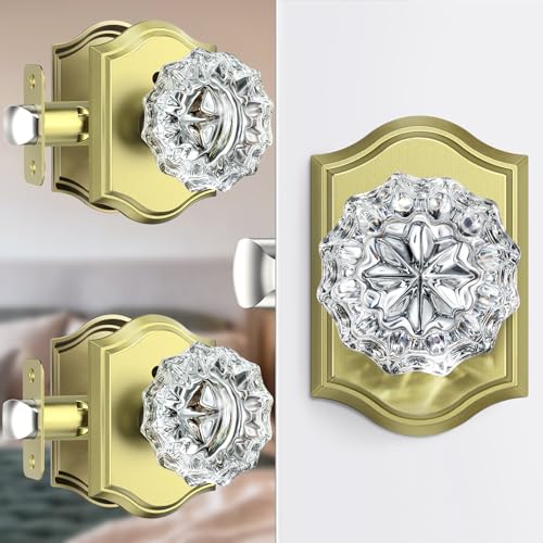 Calzibeno 3 Pack Glass Door Knobs with Lock, Satin Brass Crystal Door Knobs Interior for Privacy Use, Antique Glass Door Knobs for Bedroom Bathroom, Clear Crystal Doorknob Set