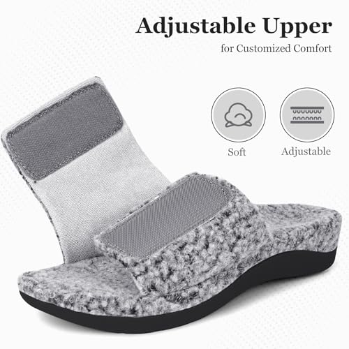 ERGOfoot Fuzzy House Slippers with Arch Support for Women Men, Orthopedic Slide Slippers for Plantar Fasciitis Open Toe Indoor House Shoes with Adjustable Straps, Foot Pain Relief4