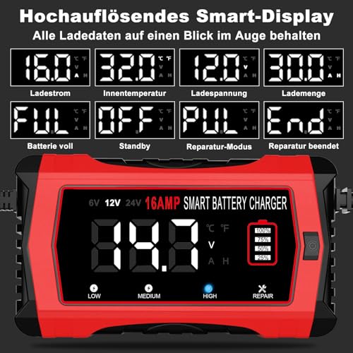 HTRC 16A Autobatterie Ladegerät, 6V/12V/24V Batterie Ladegerät für Auto LKW Motorrad Rasenmäher Boot Marine Batterien, Lithium, LiFePO4, Blei-Säure Ladegerät für AGM, Gel, EFB usw