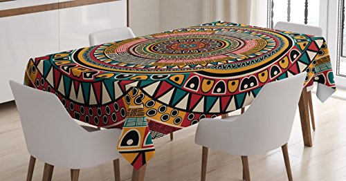 Ambesonne Tribal Tablecloth, Folkloric Tribe Round Pattern with Colors Aztec Artwork, Dining Room Kitchen Rectangular Table Cover, 60" X 84", Mustard Jade