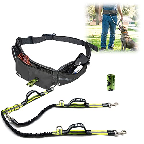 Hands Free Two Dogs Double Leash System with Reflective Bungee