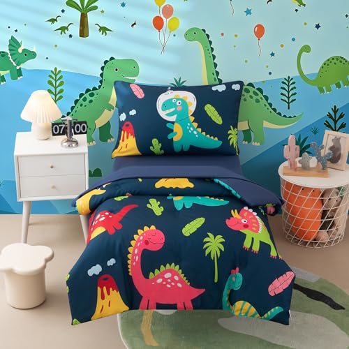 Dozrmey Cartoon Dinosaur Toddler Bedding Set for Boys 4 Pieces Soft Crib Bed Set Including Comforter Fitted Sheet Flat Top Sheet and Pillowcase Blue