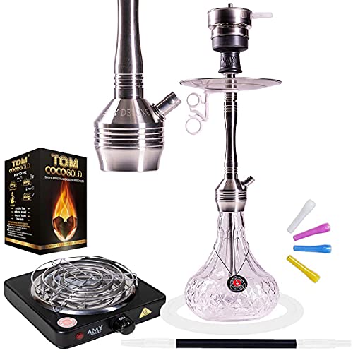 Amy Deluxe Shisha SS29.02 Xpress Fame S, Edelstahl-Shisha-Set, Geschenk-Set, Bundle mit TOM Gold Naturkohle & 1000w…