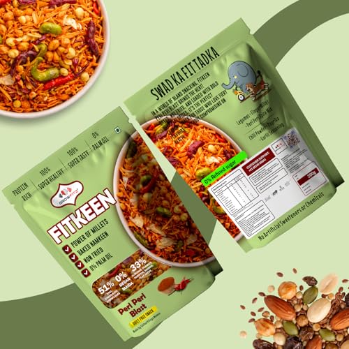 Image of GROWFITZ Baked Namkeen Mixture 200g | Peri Peri Flavor | Non-Fried Millet Snack | 0% Palm Oil | 12.4g High Protein | Healthy Tea-Time Snack (200gram - Pack of 2, Peri Peri Spicy)