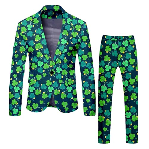 St Patricks Day Suit for Men 2 Piece Plus Size Shamrocks Slim Suits Pants Irish Green Clover Funny Long Sleeve Dress Outfits