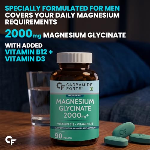 Image of Carbamide Forte Magnesium Glycinate 2000mg Supplement | Magnesium Supplement with Vitamin D3 & B12 | High Absorption Tablets for Muscle Recovery, Sleep, Bone & Nerve Health | 90 Veg Tablets
