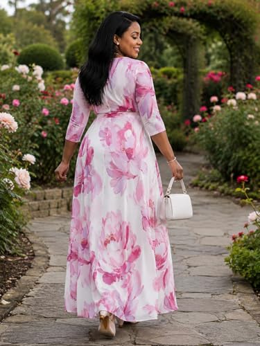 Image of SUZONANA Plus Size Dresses for Women Floral Print Maxi Dress Flowy 3 /4 Sleeve with Belt