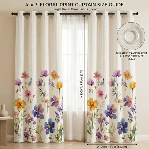 Image of BSB HOME 100% Blackout Curtains Set of 2 for Door & Window, Floral Print Room Darkening Curtains for Living Room, Bedroom & Balcony Privacy Drapes, 7 Feet (121 x 213 cm) - Wildflower Alabaster White