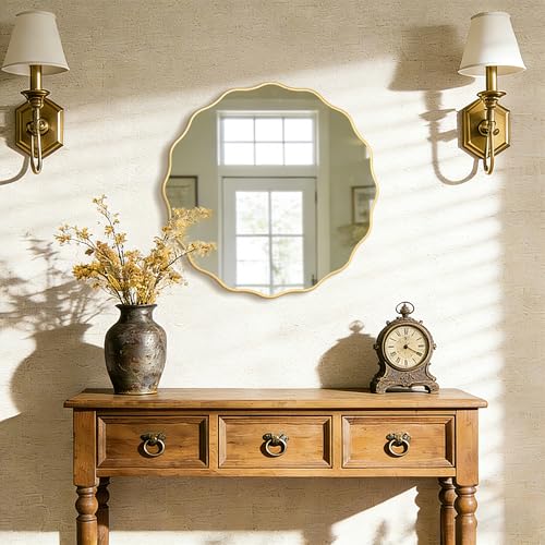 Image of Gold Round Wavy 26 inch Scalloped Farmhouse Nursery Wall Decor Mirror
