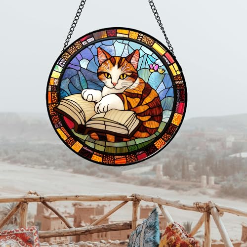 Image of DASTOLL Stained Glass Window Hanging Little Cat Reading Large 15 inch - Suncatcher Door Garden Kitchen Sunroom Sun Catcher Home Decor Birthday for Lost Pets Mom Grandma Men Woman Friend