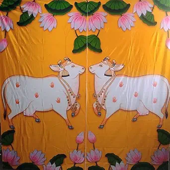 ZestEnter Cow (Gomaatha) Backdrops for Pooja Decoration, House Warming, Functions, Background Curtain for Pooja Decoration - 2pcs Set