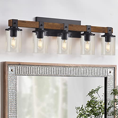 Image of DUJAHMLAND Farmhouse Vanity Lights, 5-Light Wood Bathroom Wall Lighting with Clear Glass, Industrial Metal Wall Sconce for Bedroom, Kitchen, Hallway (Antique Wood, 5-Light)