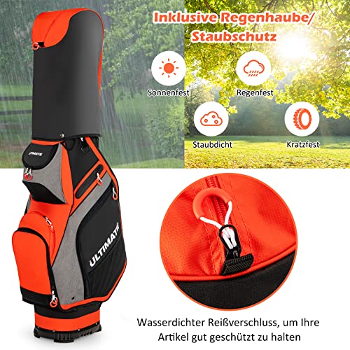 Foto von COSTWAY Golfbag, leichtes Golf Cart Bag, mit Regenhaube, 14er Einteilung von Schlägerfach, auch zur Nutzung auf Golf Trolley und Golf Cart, 7/8 Reißverschlusstaschen (SP37827 Orange Rot)