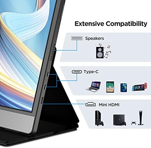 KOORUI Portable Monitor 15.6 inch 1080P FHD USB-C Laptop Monitor HDMI Computer Display IPS Gaming Monitor w/Premium Smart Cover & Speakers, External Monitor for Laptop PC Mac Phone Switch