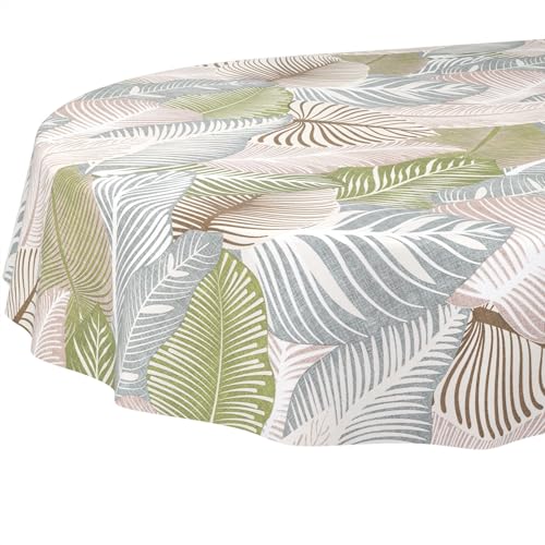 ANRO Wachstuchtischdecke Wachstischdecke Wachstuch Tischdecke abwaschbar Gartentischdecke Wasserabweisend Oval 200x140cm Schnittkante Floral Blätter Laube Grün