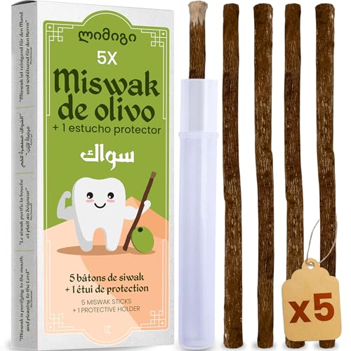 MODOGO 5 palos de siwak de olivo + 1 funda protectora – Cepillo de dientes ecológico – 100% natural y biodegradable – Higiene cero residuos – Vegano