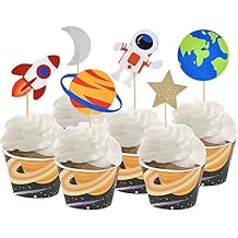 30pcs Outer Space Cupcake Toppers, Planet Party Supplies - Birthday Decorations, Rocket, Astronaut, Spaceship Themed Kids Children Party Supplies