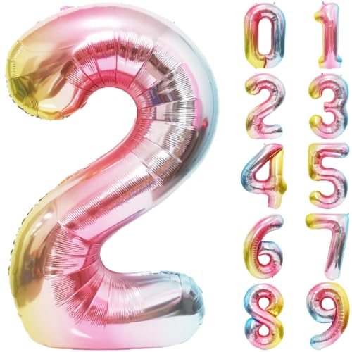 Image of Rainbow Number Balloons Birthday Balloons - Giant Number 2 Balloon 40 inch, Numbers Balloon Birthday Decorations, Rainbow Party Supplies for Baby Shower
