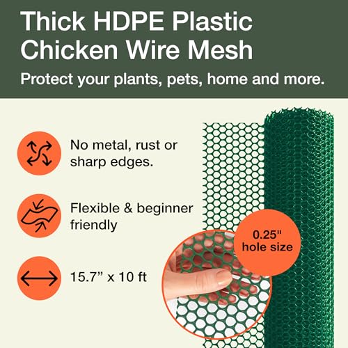 Image of Maporch Plastic Chicken Wire Fencing for Pet Protection - 15.7 inch x 10ft, HDPE Hunter Green Chicken Wire - Garden Fence Animal Barrier for Dogs, Cats and Rabbits (1-Pack) | 15.7 inch x 10ft - HDPE Home and Garden Netting - UV Resistant - Customizable Balcony Barrier for Animals, Dogs, Cats & Rabbits