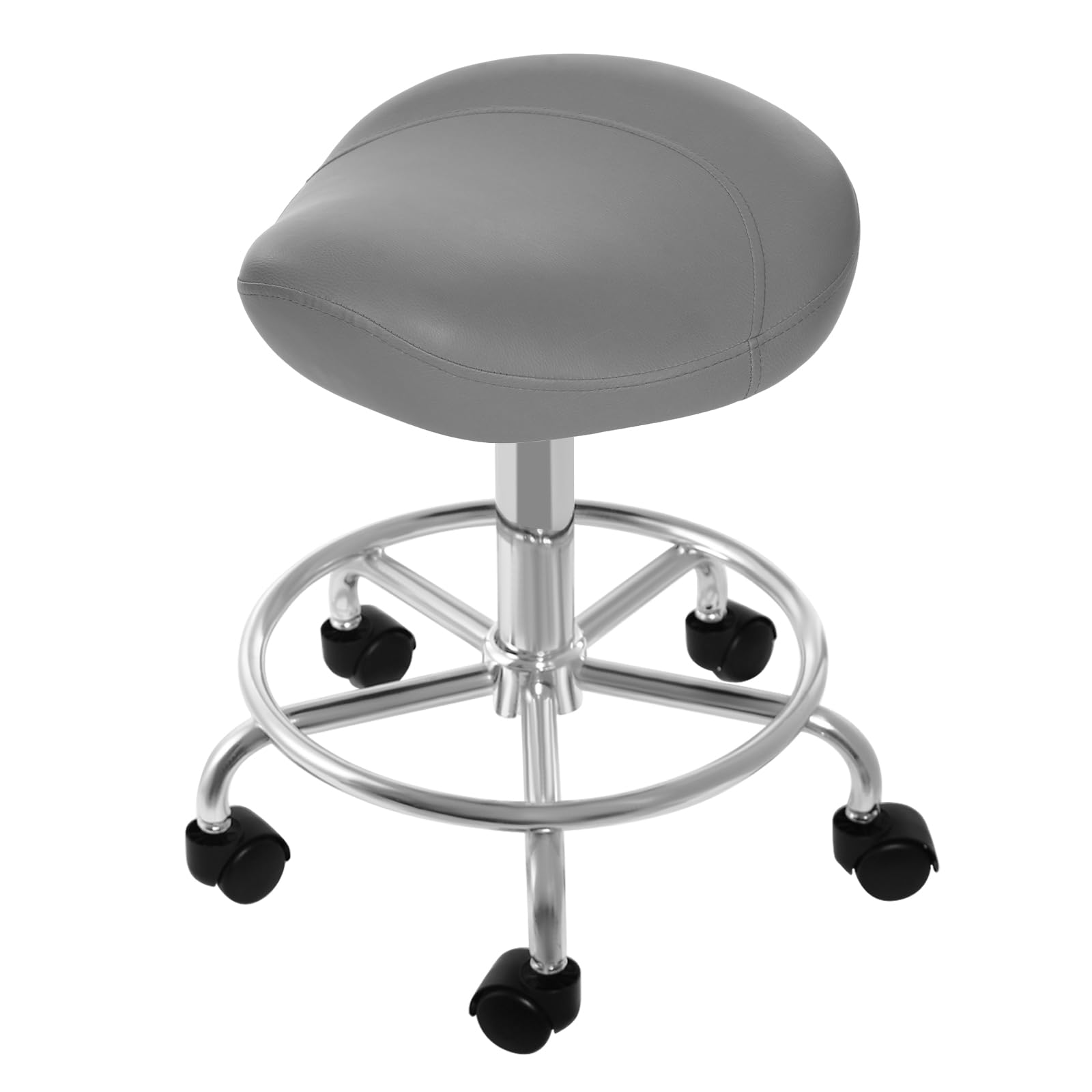 Sgabello da sella ergonomico, girevole a 360°, con rotelle larghe, regolabile in altezza, per salone di bellezza, spa e ufficio, grigio