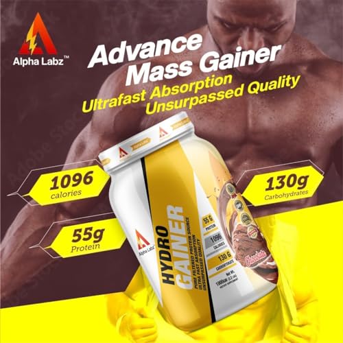 Image of Hydro Gainer High Protein & High Carbs Mass Gainer For Muscle Mass Gain | 55g Protein & 1096 Calories | Gain Strength & Size | High Calories Formula with Vitamins & Minerals for Weight Gain | Weight Gainer for Women & Men [Chocolate Flavor, 1kg]
