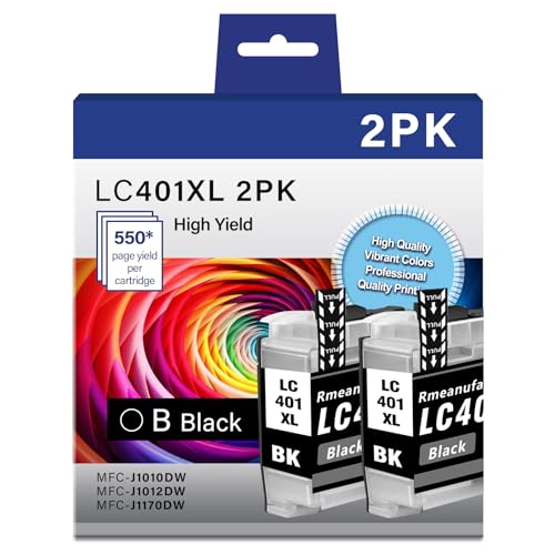 Printer Ink LC401XL LC 401 XL MFC-J1010DW Ink Cartridges for Brother Printer Compatible for Brother LC401XL LC401 Black for Brother MFC J1010DW MFC-J1012DW MFC-J1170DW (2 Black)