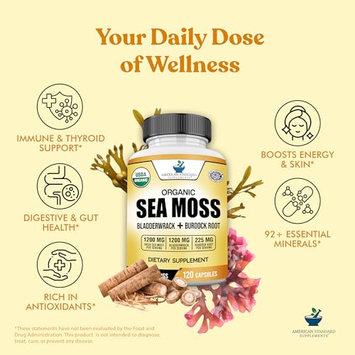 American Standard Supplements Organic Sea Moss, Bladderwrack & Burdock Root Capsules - 1200mg Seamoss, 1200mg Bladderwrack, 225mg Burdock Root Per Serving - 120 Capsules, 40 Servings - Image 6