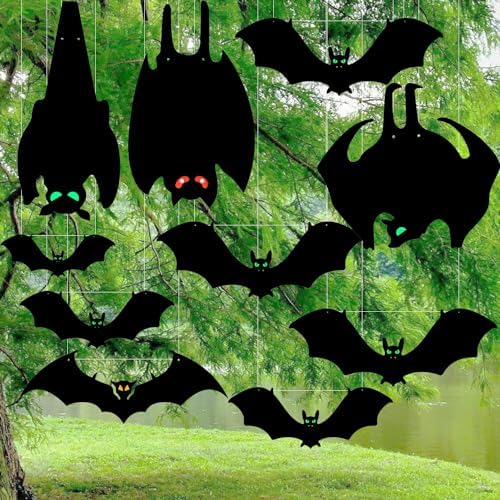 11 PCS Halloween Hanging Bats, Large Flying Plastic Bats Hanging Decorations with Glowing Eyes Stickers, 6 Sizes Hallween Yard Bat for Tree, Porch, Yard, Lawn, Indoor Window Décor