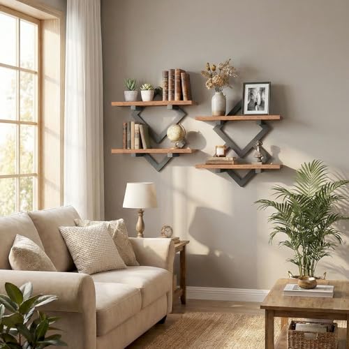 Image of HOOBRO 15 inch Floating Shelves for Wall, Set of 2 Wall shelf, 2-Tier Hanging Shelves, Wall Mounted Storage Shelf, Display Rack, for Living Room Bedroom Kitchen Bathroom, Rustic Brown and Black BF14BJP201