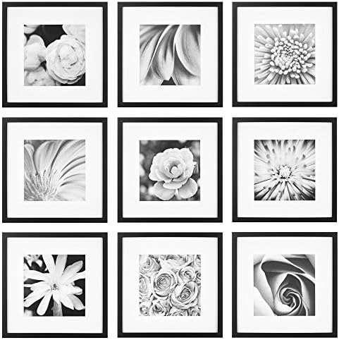 Gallery Perfect 9 Piece Black Square Photo Frame Gallery Wall Kit with Decorative Art Prints & Hanging Template