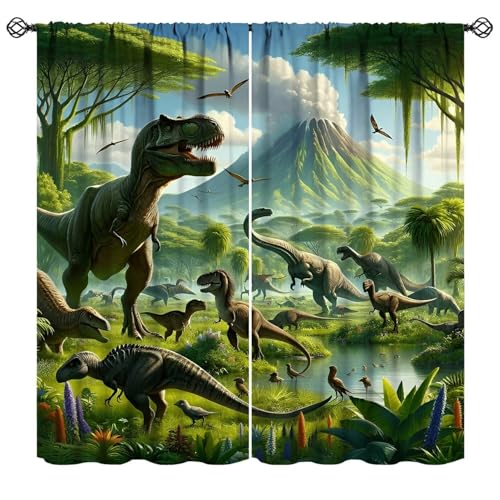 Mchenxin Dinosaur Curtains for Boys Tropical Volcanic Jungle Green Landscape Fierce Dinosaur Window Treatments Drapes for Kids Teens Bedroom Living Room 42x45in (No Blackout)