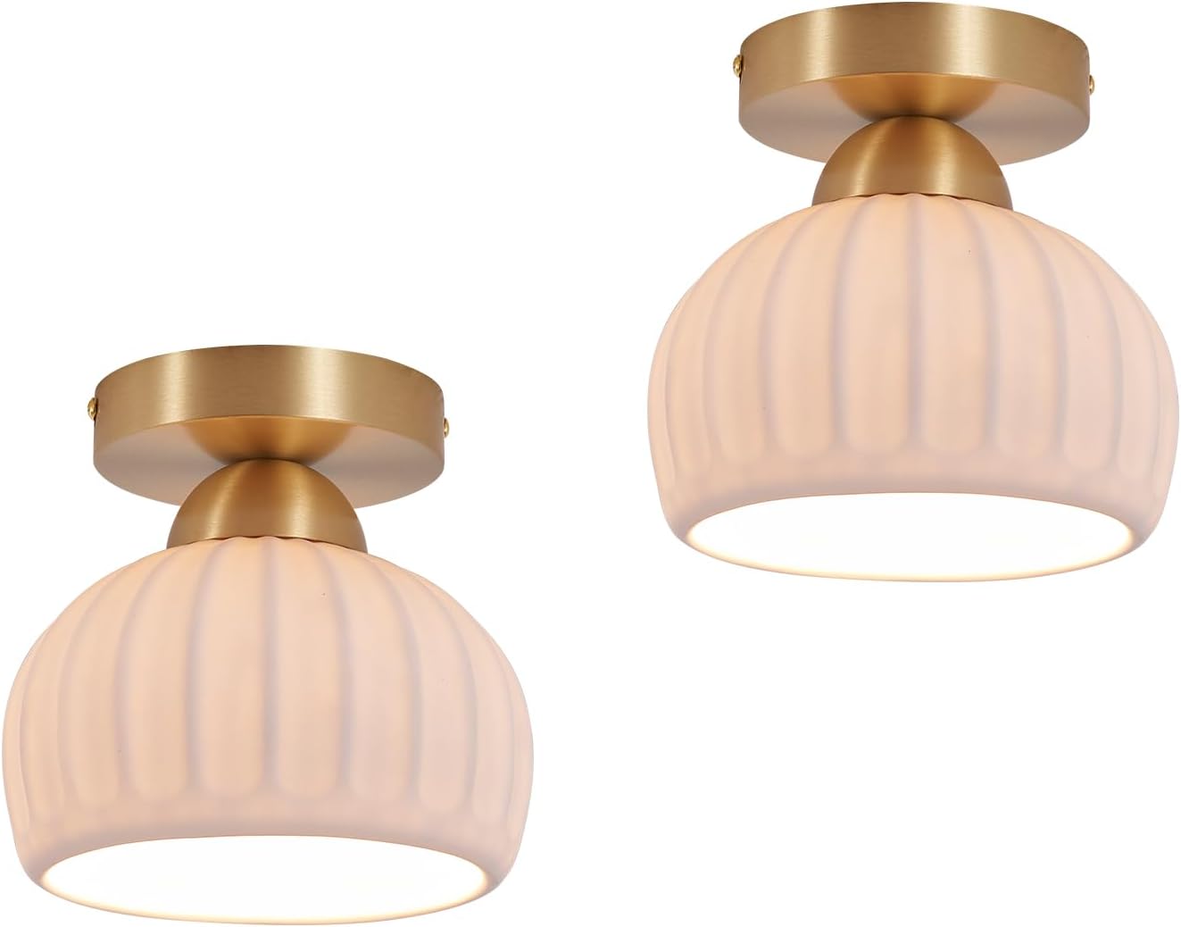 2 Pack Ceramic Brass Semi Flush Mount Ceiling Light Fixtures Modern Hallway Light Fixtures Small Gold Flush Mount Ceiling Light for Dining Room Kitchen Passway Entryway Porch Foyer Brass Base 2 Pack