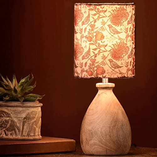 Image of Green Girgit Wooden Dome Table Lamp Bird Printed Shade | Night Lamp | Reading Lamp | Home Decor Items | Wooden Bedside Table Lamp | Room Decor | Kids Room Lamp (Bird Printed)