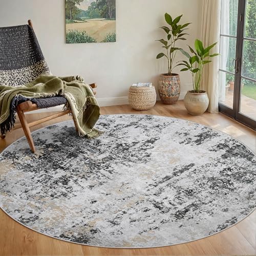 Round Rug 5ft Circle Rug Washable: Carpet Small Circular Area Rug for Entryway Kitchen Bedroom Dining Room Living Room 5 Feet Abstract College Dorm Non Slip Low Pile Black Grey Gold
