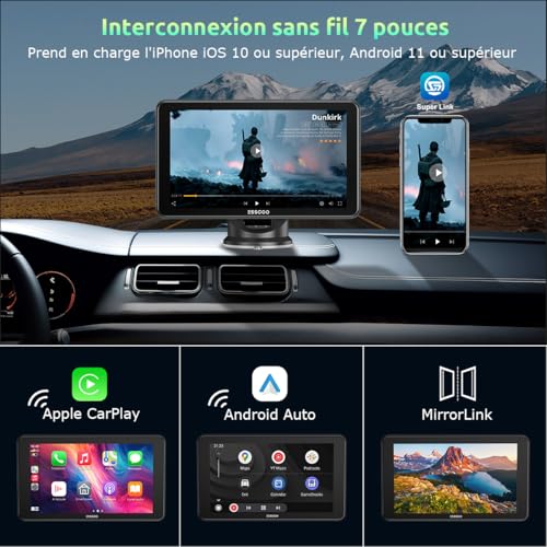 ESSGOO CarPlay Voiture 7 Pouces - Prend en Charge Apple CarPlay sans Fil & Android Auto - Adapté à Plusieurs Véhicules