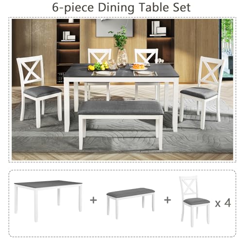 Image of Harper & Bright Designs 6-Piece Wooden Dining Set for 6,Kitchen Furniture Set with Cross Back 4 Dining Chairs and Bench,White+Gray