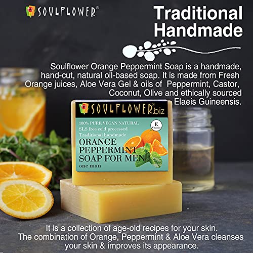 Image of Soulflower Orange Peppermint Soap For Men, Handmade, 100% Pure, Natural & Cold Processed Grade 1 BIS Standard Premium & Luxurious Soap With Essential Oils, Exotic Herbs & Aroma, 150g