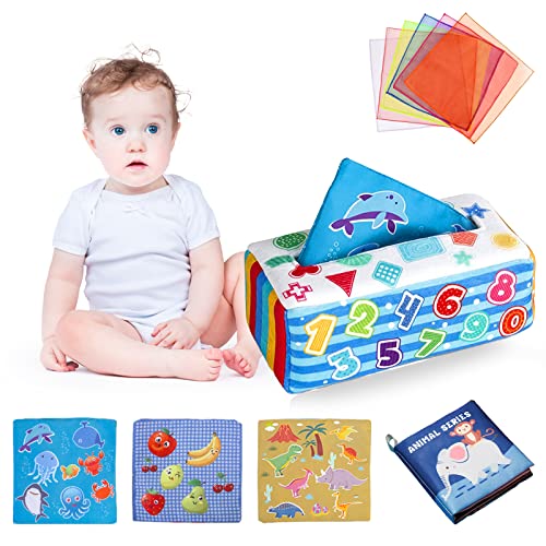 NRGQDW Caja de Pañuelos Bebe Bebé Juguete Juguetes Mágicos para Bebé Niños Monedas Mágica Toallitas Juguetes Bebes Juguetes Sensoriales para Bebés 6-12 Meses Montessori Traiga 1 Copia Libro Sensorial Cover