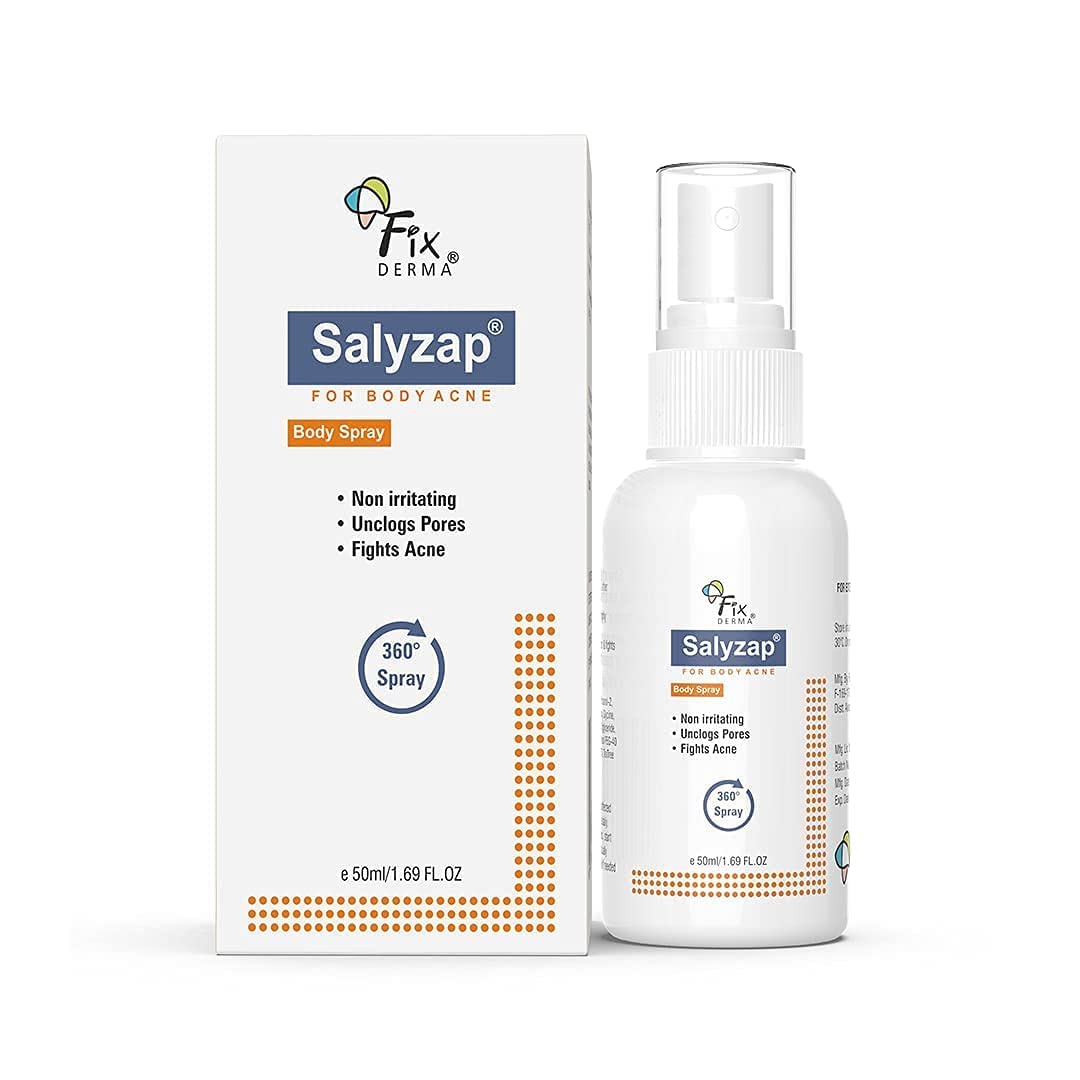 SENTA Fixerma 2% Salicylic Acid Salyzap Body Acne Spray For Acne on Back, Shoulders, Neck & Chest | Body Acne Spray to improve Breakouts & Uneven skin texture for Women & Men - 50ml