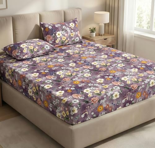 Image of VAS COLLECTIONS Double Bed 160 TC Cloud Cotton Fitted Bedsheet (78x72+10 Inches) | Elastic Deep Pocket Cotton Bed Sheet | Soft, Breathable Bedding for Home & Hotel (Purple Petal Harmony)