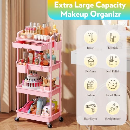 Image of SUNALLY Makeup Cart Organizer with Drawer, 4 Tier Rolling Makeup Cart, Pink