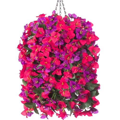 Image of Artificial Bougainvillea Faux Flowers Plants Baskets for Outdoor Outside Decoration, 3PCS Fake Silk Flowers Long Trailing Vines UV Resistant Realistic for Front Door Porch Patio (PurpleHotpink)