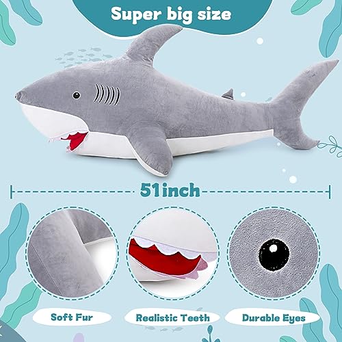 Image of MorisMos 51inch Giant Shark Stuffed Animal, Large Shark Plush Pillow, Giant Shark Plush Toy, Soft Ocean Animal Stuffed Animal Shark Pillow for Kids, Adults, Boys, Girls, Shark Lovers, Gray