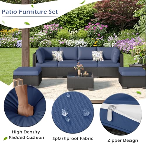 YODOLLA 6 Seater Outdoor PE Rattan Garden Furniture Set with Fire Pit Table, Patio Conversation Sofa Set with Thick Cushions & Side Table, Black Rattan with Dark Blue Cushions - Image 6