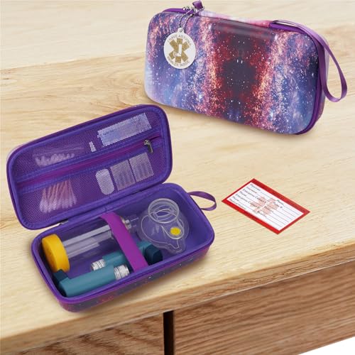 Image of MGZNMTY Travel Carrying Case Compatible with Asthma Inhaler Spacer for Adults and Children, Masks, Inhaler Holder with Asthma Alert Tag and Medical Card, Carabiner (Only Case) (Galaxy)