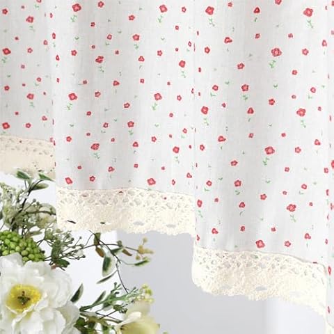 Moslovstar Farmhouse Cotton Linen Tier Curtain 36 Inch Long Elegant Flower Lace Window Valance Kitchen Bathroom Short Curtain, 1 Panel, Flower on White Cover