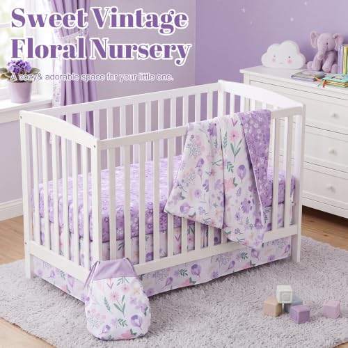 Image of Hahafelt 4 Pieces Crib Bedding Set for Girls and Boys, Purple Floral